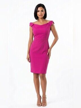 Italian Chiara Boni La Petite Robe Fuchsia Off-Shoulder Bow Sheath Dress